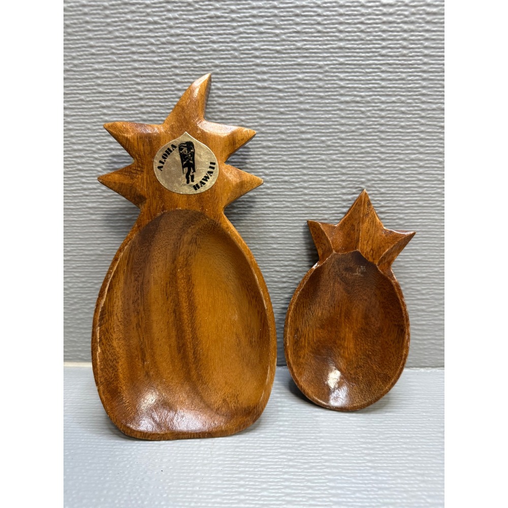 Vintage Monkey Pod Wood Pineapple Trinket Bowls Set of 2 Aloha Hawaii